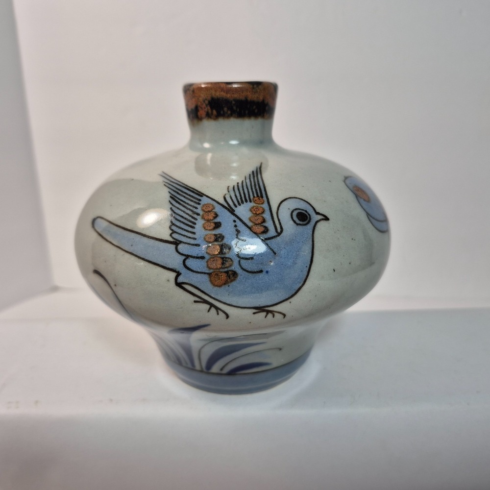 Signed El Palomar of Mexico Pottery Tonala Pattern Vase Floral Bird Plants 4.5"